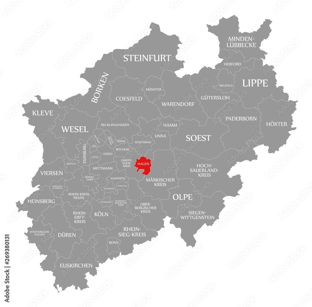 Hagen red highlighted in map of North Rhine Westphalia DE