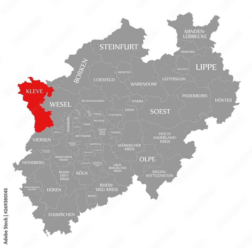 Kleve red highlighted in map of North Rhine Westphalia DE