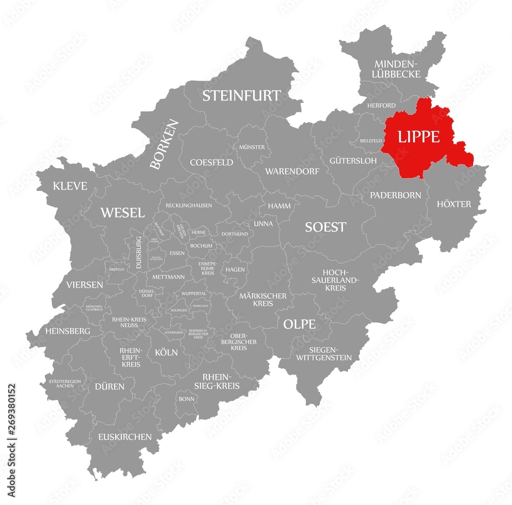 Lippe red highlighted in map of North Rhine Westphalia DE