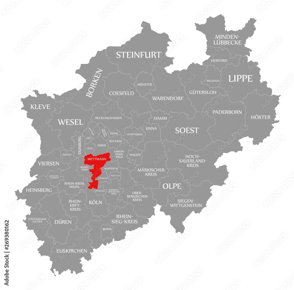 Mettmann red highlighted in map of North Rhine Westphalia DE