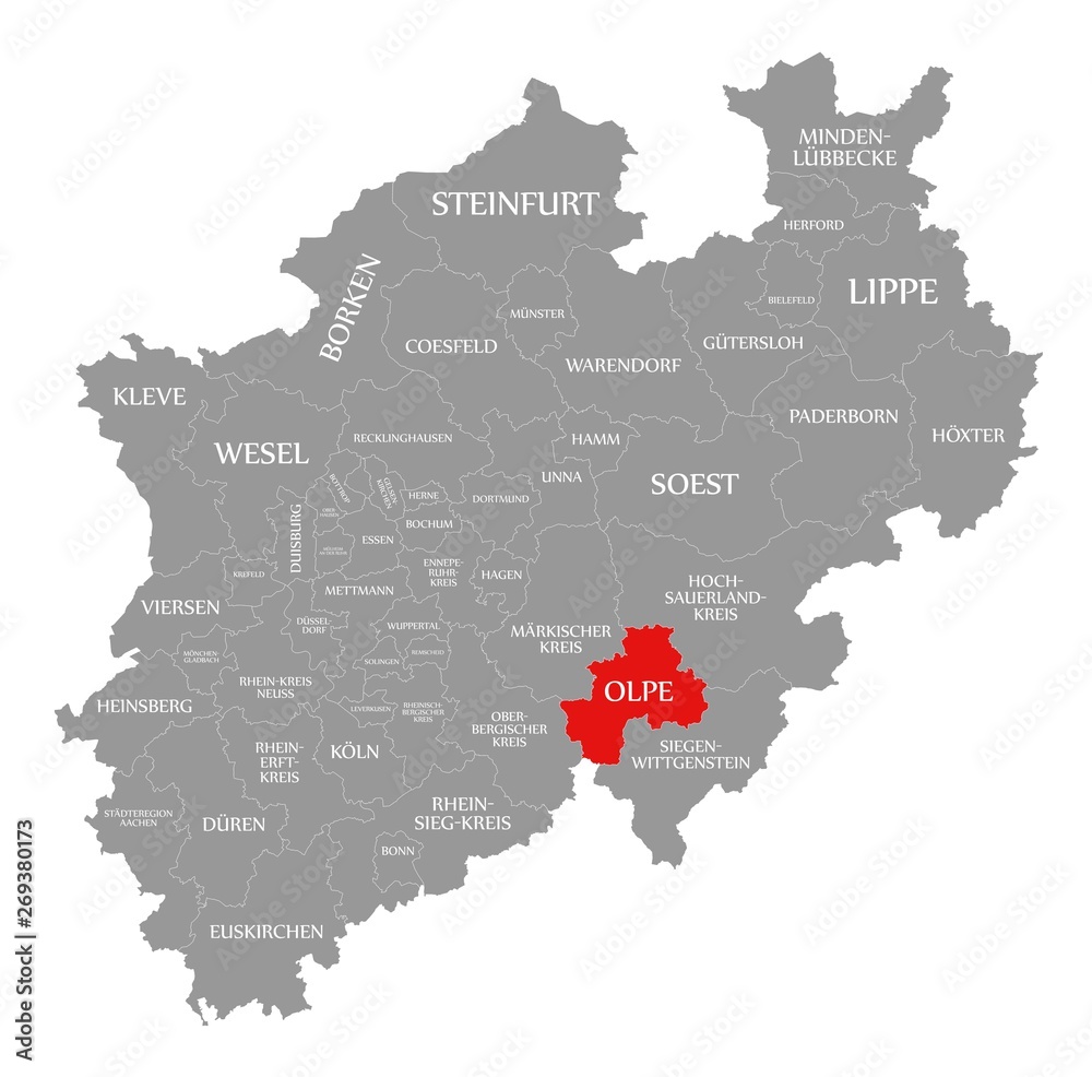 Olpe county red highlighted in map of North Rhine Westphalia DE