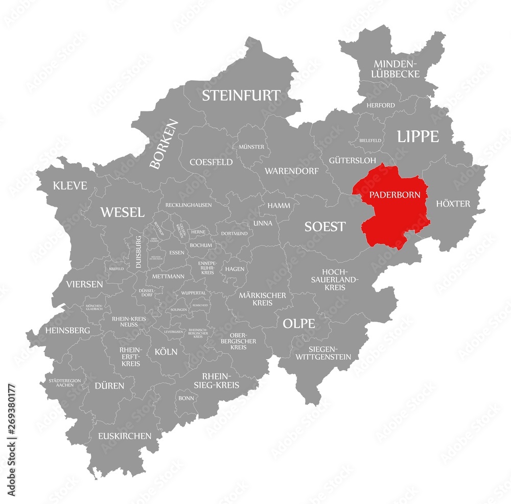 Paderborn red highlighted in map of North Rhine Westphalia DE