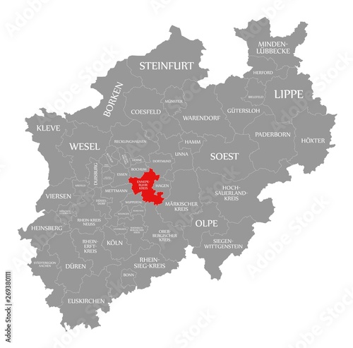 Ennepe Ruhr Kreis red highlighted in map of North Rhine Westphalia DE photo