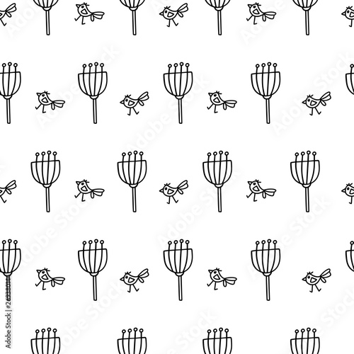 Seamless pattern with hand drawn flowers and birds on white background