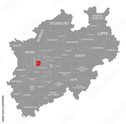 Muelheim an der Ruhr red highlighted in map of North Rhine Westphalia DE