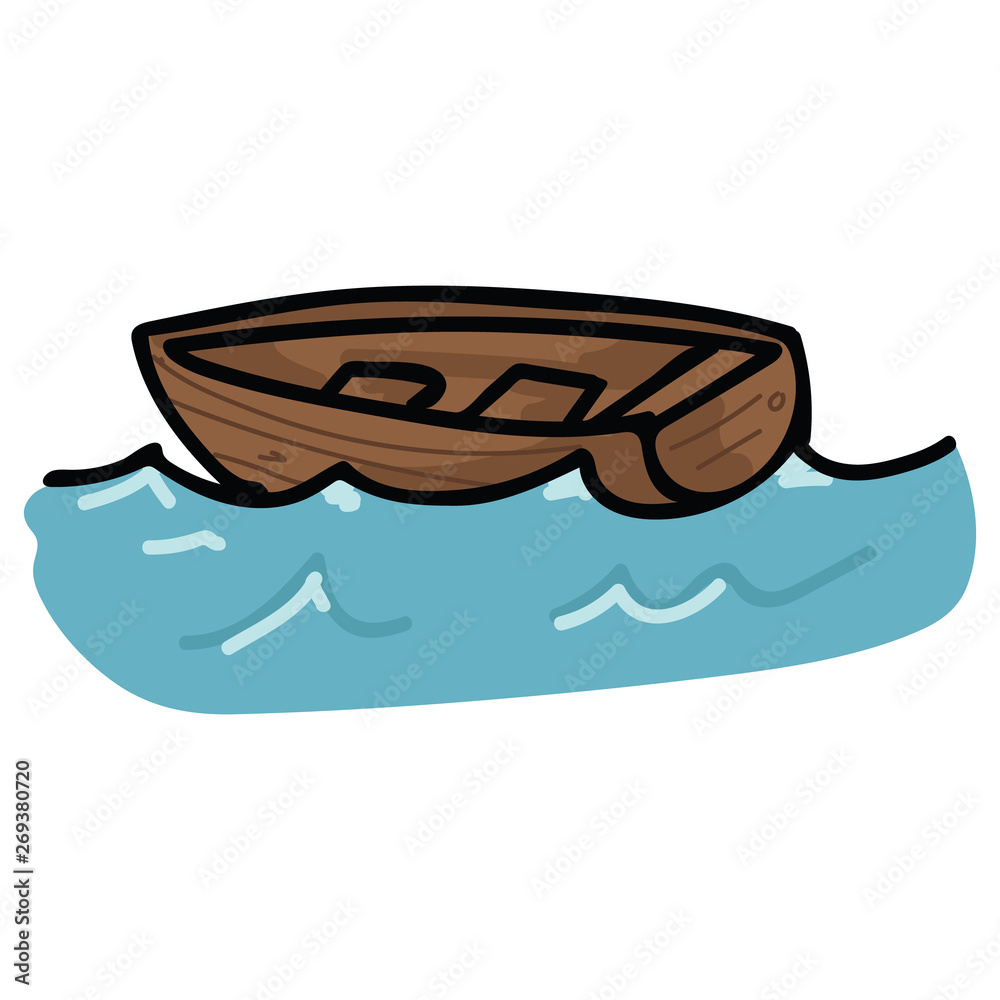 Cute wooden sailing boat on waves cartoon vector illustration motif set ...