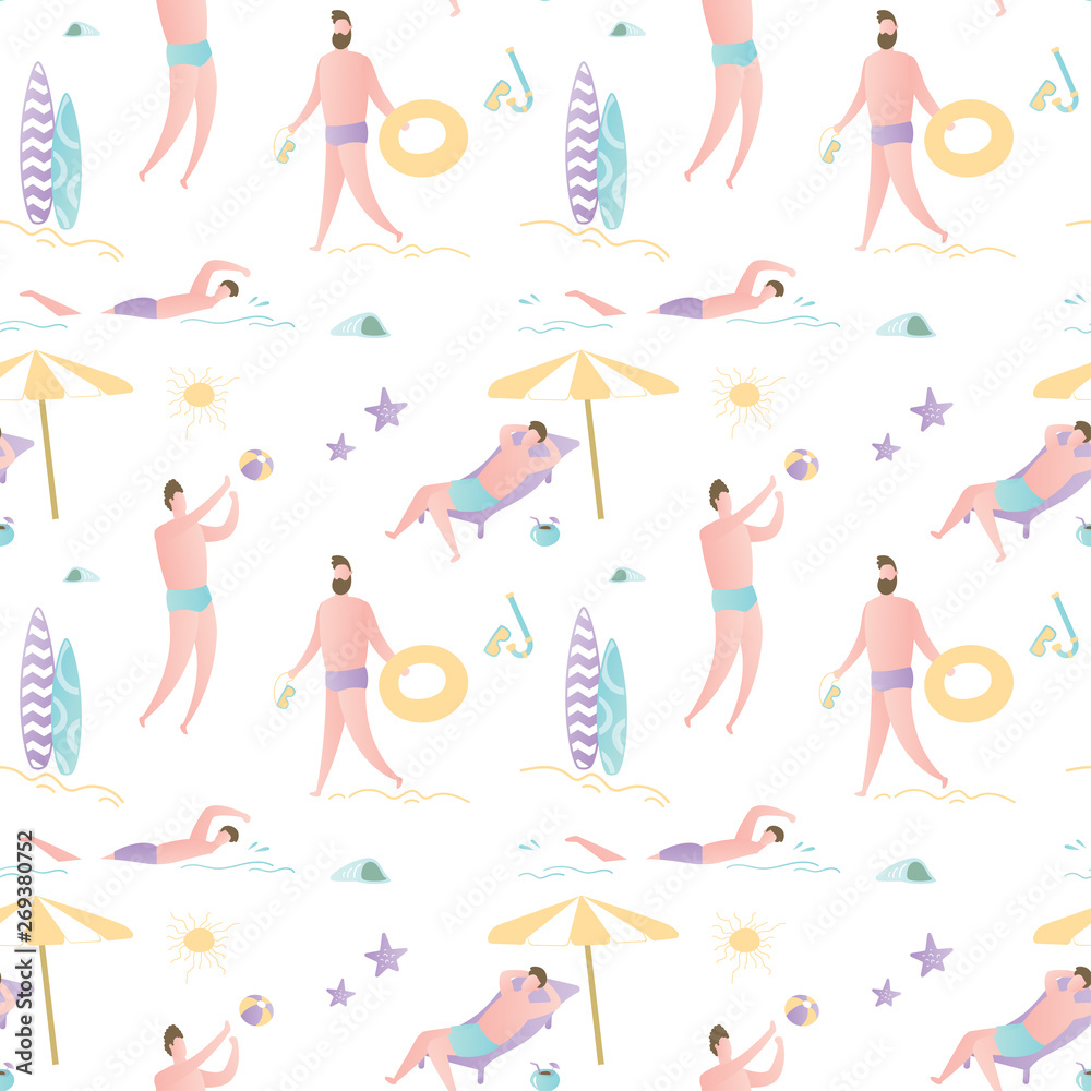 Summer time seamless pattern,texture with guys on beach