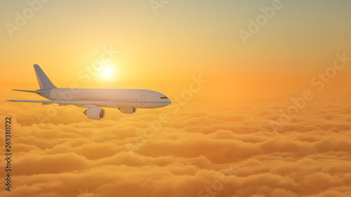 Airplane flying above clouds during sunset - 3d Rendering © Dmitry