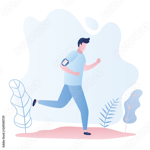 slim jogging caucasian guy,outdoor fitness,male runner with smartphone  and white headphones,