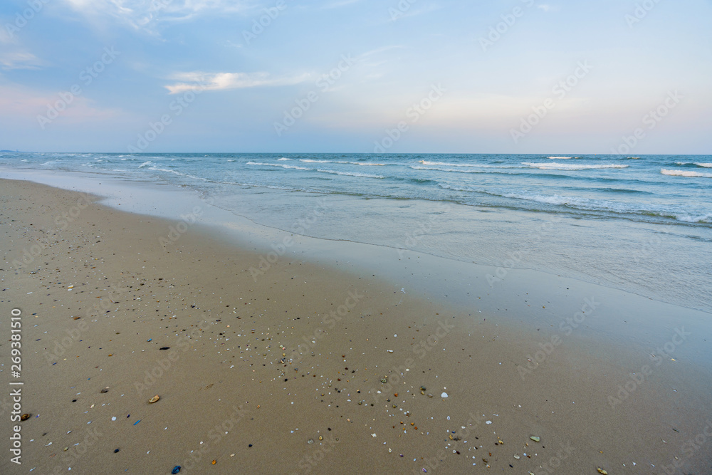 Beautiful Tropical Beach Hua Hin, Prachuap Khiri Khan Province, Thailand. blue ocean background Summer view Sunshine at Sand and Sea Asia Beach Destinations 