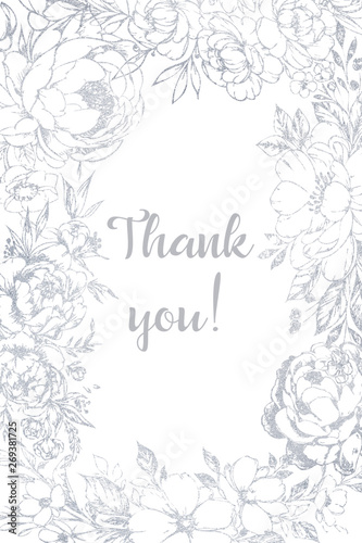 Greeting Card template. Silver flowers on background. Hand drawn vintage illustrations