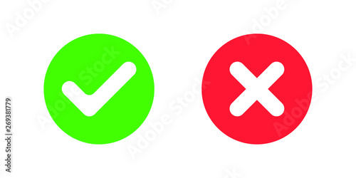 Icons YES and NO button. TICK and CROSS symbols for vote. GREEN button with checkmark and RED button with cross. Round marks with simple graphic design. Isolated signs on white background. Vector illu