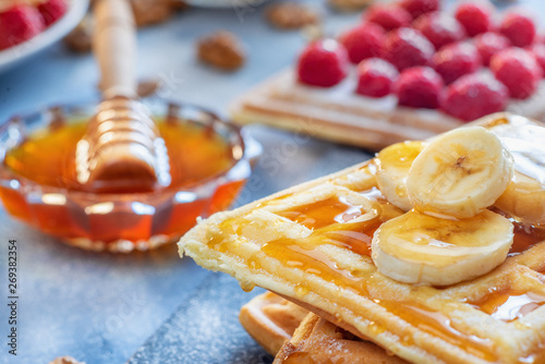 breakfast food honey banana pancake fruit fresh homemade raspberry