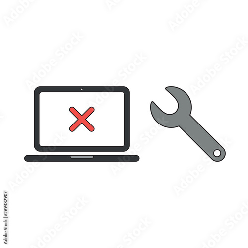 Vector icon concept of x mark inside laptop with spanner.