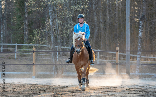 Woman horseback riding and showjumping