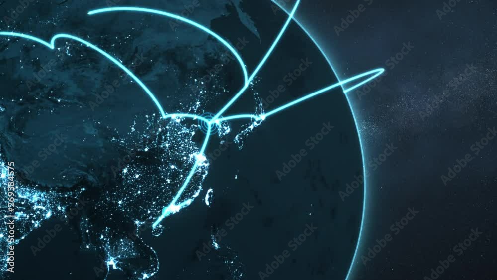3d animation of a growing network across a realistic earth. Seamless loop. Abstract global business network concept. Blue closeup night version. Elements of this image furnished by NASA