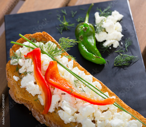 Bulgarian toast with brinsen cheese, bell pepper photo