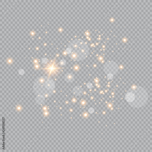 Dust white. White sparks and golden stars shine with special light. Vector sparkles on a transparent background. Christmas abstract pattern. Sparkling magical dust particles.