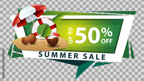 Summer sale, discount web banner in geometric style with coconut cocktail, beach umbrella and lifeline