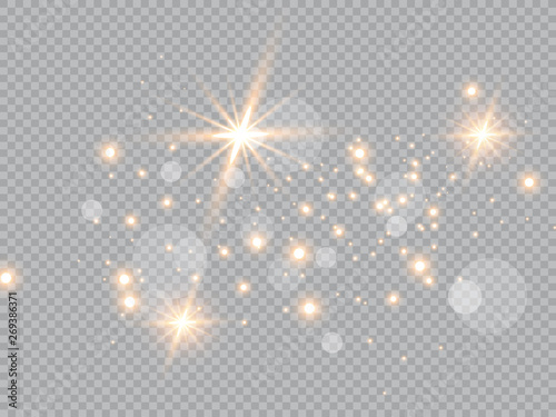 Dust white. White sparks and golden stars shine with special light. Vector sparkles on a transparent background. Christmas abstract pattern. Sparkling magical dust particles.