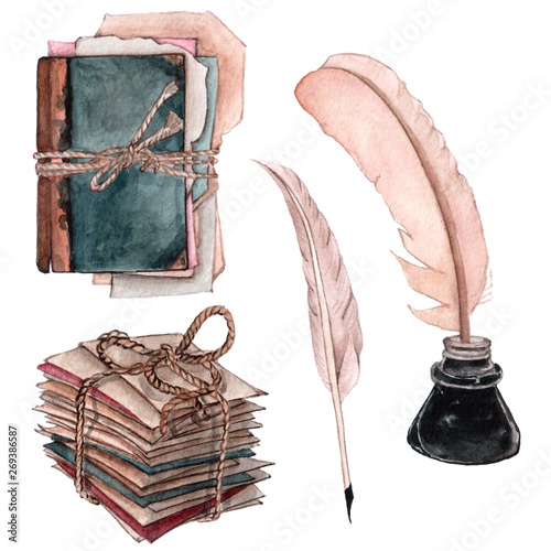 Watercolor pile of old envelopes, books with ribbon bow and feather pen