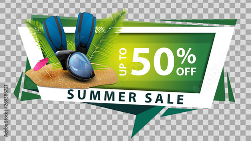 Summer sale, discount web banner in geometric style with diving mask, fins and palm leaves