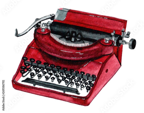 Watercolor Vintage Typewriter Hand Painted Illustration isolated on white background photo