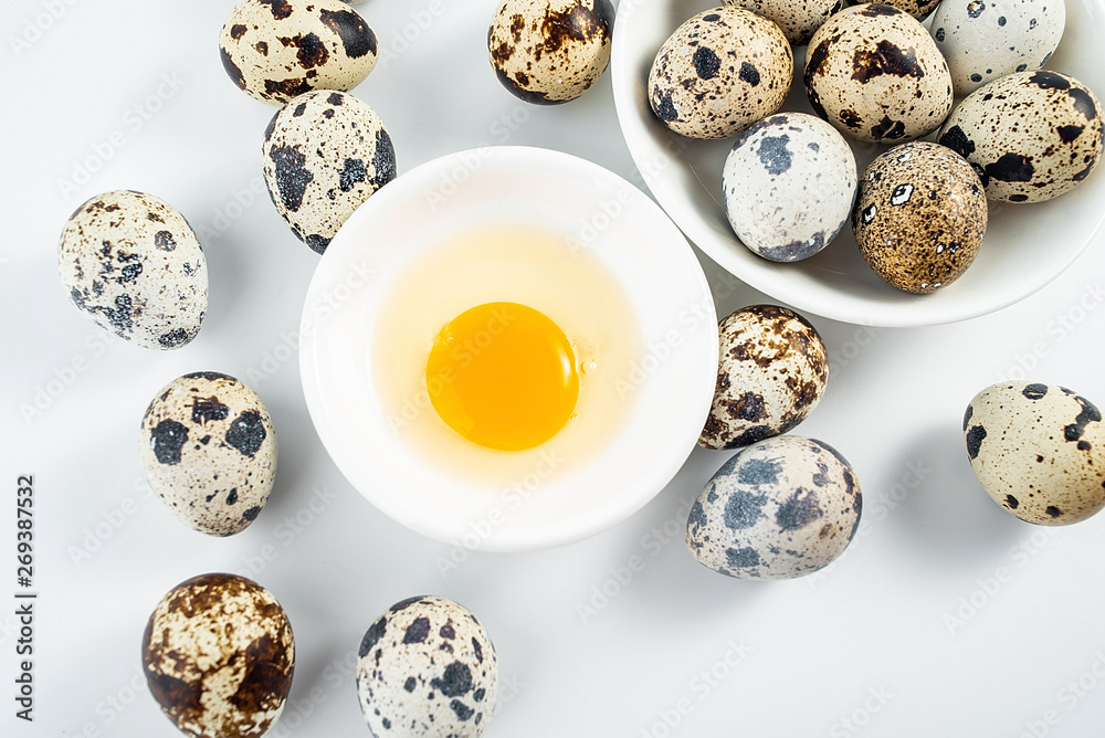 Quail eggs and a dish of egg Quail eggs and a dish of egg