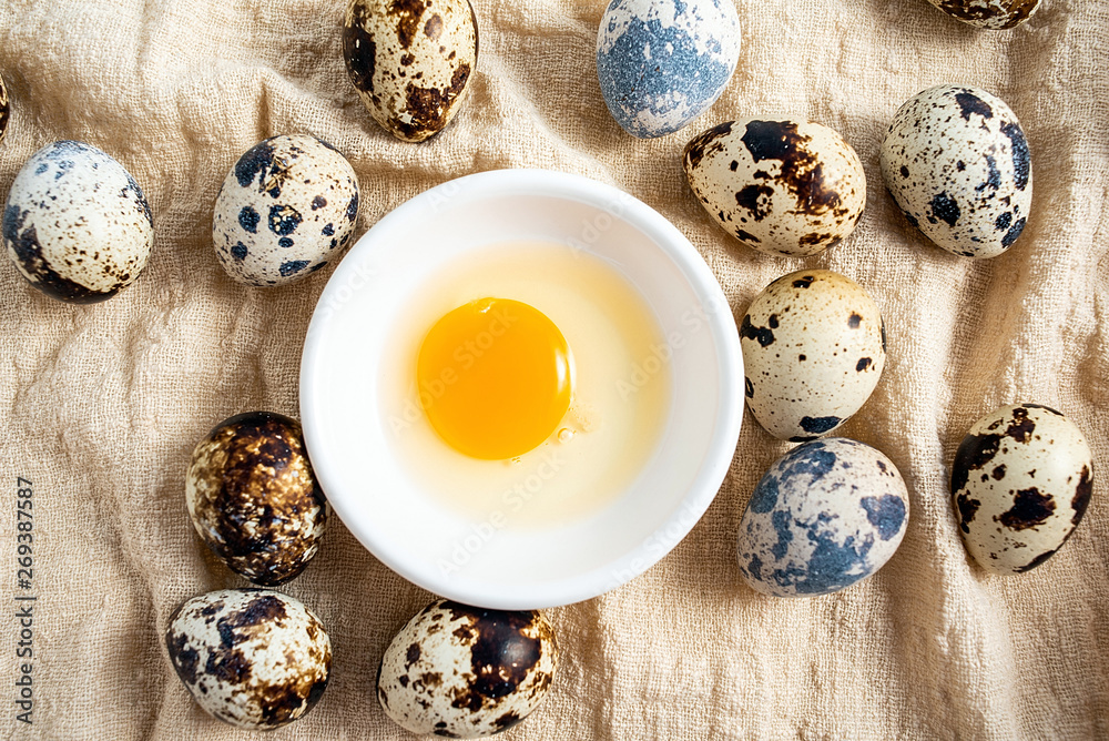 Quail eggs and a dish of egg Quail eggs and a dish of egg