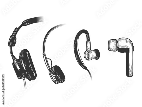 Headphone evolution sketch line art engraving vector illustration. Scratch board style imitation. Hand drawn image.