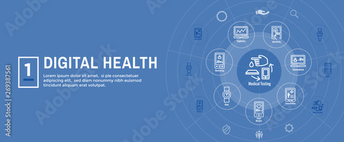 Digital Health Icon Set with Wearable Technology Web Header Banner