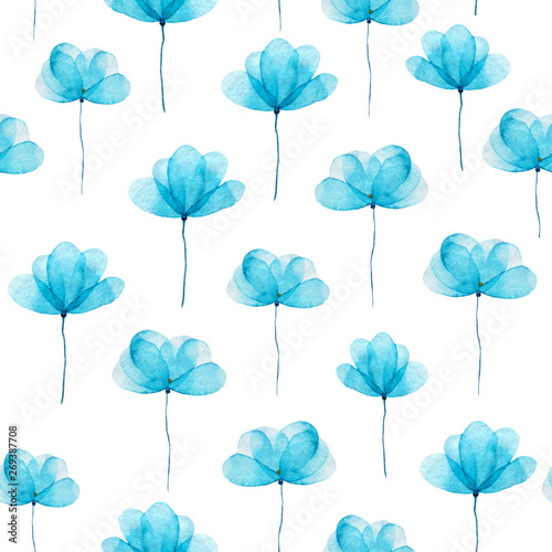 Watercolor seamless background. Floral blue pattern