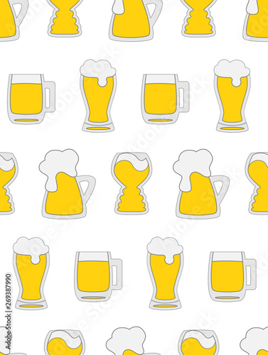 Seamless pattern with Colorful hand drawn beer mugs on white background. Yellow and grey. Beer day  party concept