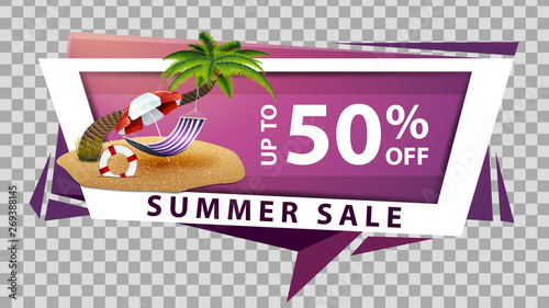 Summer sale, discount web banner in geometric style with palm tree, hammock and beach umbrella
