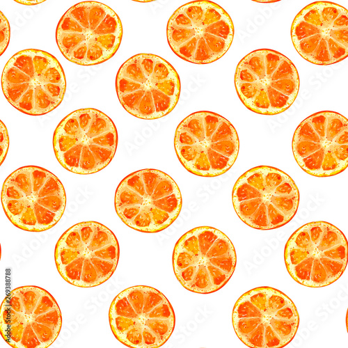 Oranges on white background seamless pattern. Watercolor illustration. Summer fruit background. Design for textile, fabric, paper.