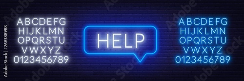 Neon sign of word help in speech bubble frame on dark background. Set of neon alphabet on a dark background. Template for design.