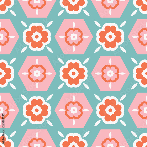 Cute abstract flowers seamless pattern in pink, orange and white on a turquoise green background. Sweet and girly, perfect for spring and summer designs for textiles, fashion, room decor and paper.