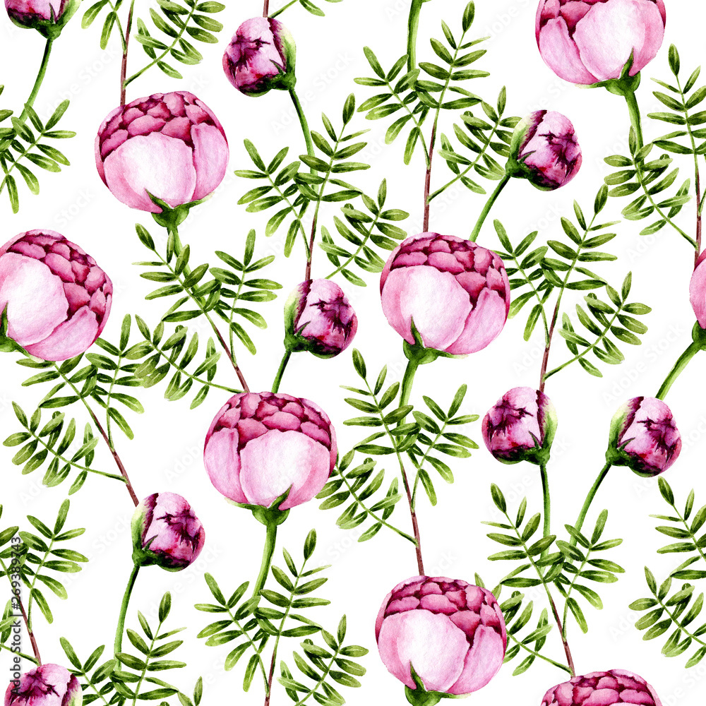Seamless pattern of watercolor pink peonies and green sprigs. Isolated hand painted flowers and leaves on white perfect for card making, vintage design and fabric textile. Illustration