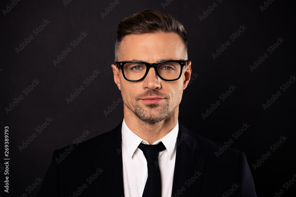 Close-up portrait of his he nice-looking attractive content intelligent guy top executive experienced director economist expert shark specialist ceo boss chief career isolated over black background Close-up portrait of his he nice-looking attractive content intelligent guy top executive experienced director economist expert shark specialist ceo boss chief career isolated over black background