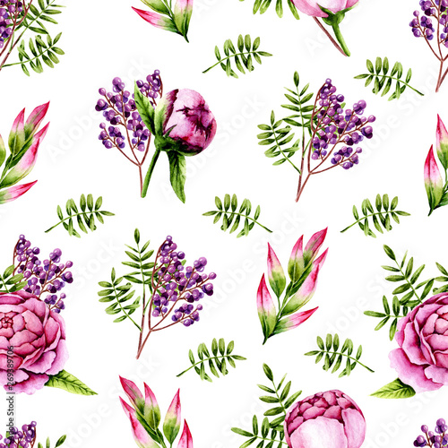 Fototapeta Naklejka Na Ścianę i Meble -  Seamless pattern of watercolor pink peonies, green sprigs and purple berries. Isolated hand painted flowers and leaves on white perfect for card making, vintage design and fabric textile. Illustration