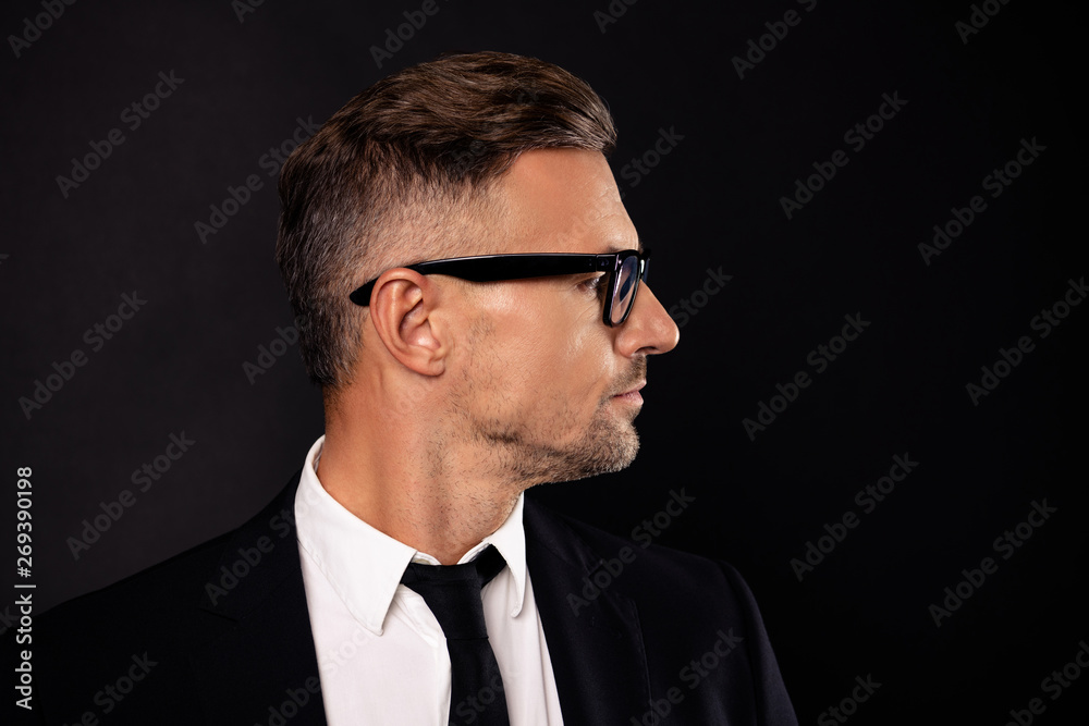 Close-up portrait of his he nice attractive content intelligent guy executive director shark ceo boss chief sales agent broker expert specialist isolated over black background Close-up portrait of his he nice attractive content intelligent guy executive director shark ceo boss chief sales agent broker expert specialist isolated over black background