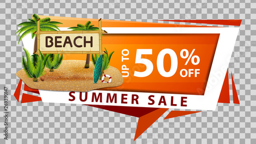 Summer sale, discount web banner in geometric style with coconut palms and bamboo sign with the inscription "beach"