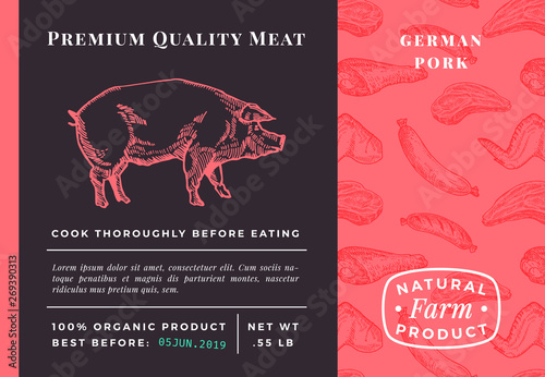 Premium Quality Meat Abstract Vector Pork Packaging Design or Label. Modern Typography and Hand Drawn Pig Sketch Background Layout. Seamless Food Pattern of Steak, Sausage and Wings