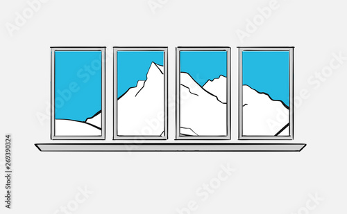 Mountains behind windows. Longing for the mountains.