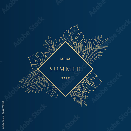 Monstera Tropical Leaves Summer Sale Card or Banner Template. Abstract Foliage Advertising Composition in Gold with Classic Typography. Seasonal Discount Layout.