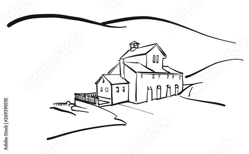 Old house in hills drawing