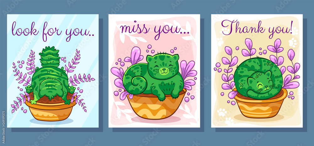 Set of vector cards with cactus cats. It can be used for sticker, patch, phone case, poster, t-shirt, mug and other design
