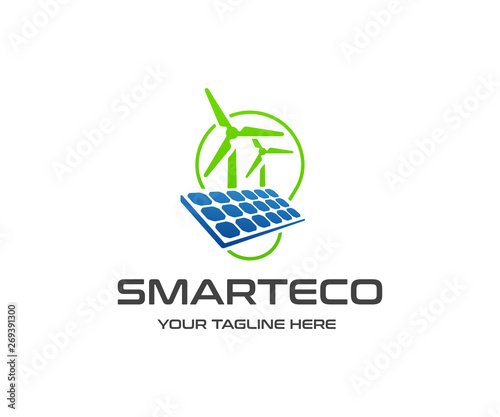 Renewable energy resources logo design. Solar panel, wind turbine and light bulb vector design. Solar solution logotype