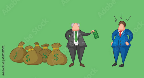 Hand-drawn vector boss has a lot of money with sacks and pays one money to his businessman worker