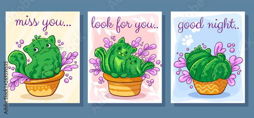 Set of vector cute cards with cactus cats. It can be used for sticker, patch, phone case, poster, t-shirt, mug and other design